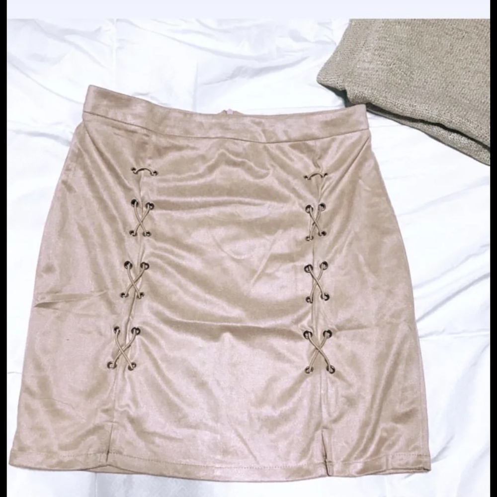NWOT champagne colored suede lace up mini skirt